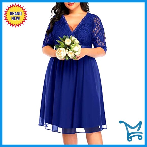 Lace Chiffon Wrap V Neck Midi Dress Elegant Cocktail Wedding Guest Plus Size - Picture 2 of 7